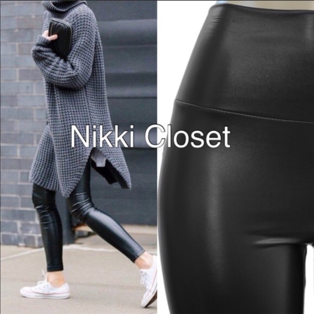 Black Faux Leather High Waist Leggings Tummy Control Pants S-XL - Picture 3 of 5